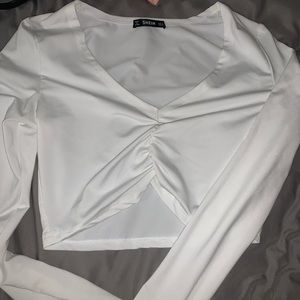 Shein Ruched White Long Sleeve Crop Top